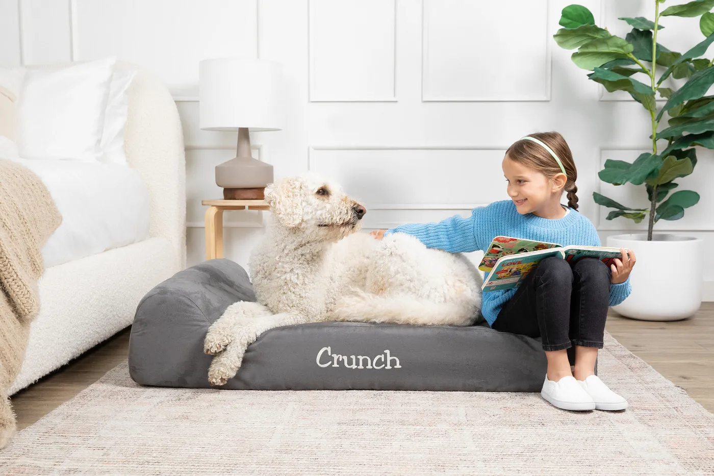 pet model and full body model on a beige backdrop
